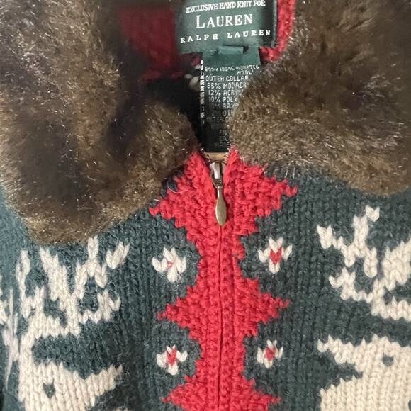 VTG Ralph Lauren Handknit Reindeer Wool Sweater Cardigan Faux Fur Holiday Sz S/M - Picture 13 of 16